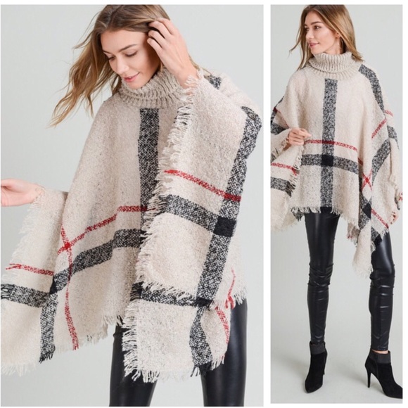 BOHO Plaid Turtleneck Sweater Poncho - Picture 4 of 7
